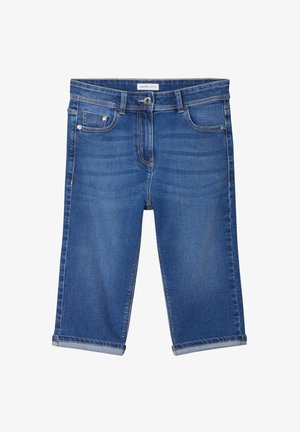 Denim shorts met een middelblauwe wassing, rechte pasvorm, vijf zakken en omgeslagen zoom. Heeft contrasterende stiksels en een knoopsluiting.