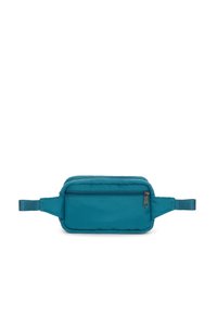 Turquoise heuptasje met een zachte, gestructureerde bovenkant, voorzien van een voorvak met rits en verstelbare riemen. Gemaakt van duurzaam materiaal met een rechthoekige vorm.