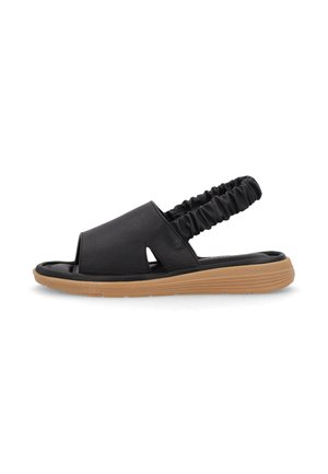 Sandalo nero open-toe con cinturino posteriore elastico e suola imbottita color beige, progettato per comfort casual e facilità di utilizzo.