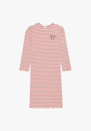 Robe à manches longues rayée rouge et blanche en tissu doux, avec des accents à volants aux manches et à l'ourlet, ornée d'un petit détail brodé.