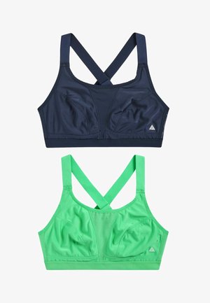 Tengerészkék és zöld sportmelltartók, keresztpántos kialakítással, rugalmas anyagból, sima textúrával és puha betétekkel a támaszért.