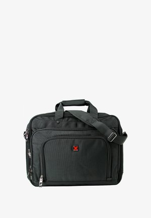 Schwarze Laptop-Tasche aus strukturiertem Nylon, mit zwei Griffen, einem verstellbaren Schultergurt, mehreren Reißverschlusstaschen und einem roten Logo.