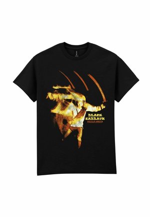 Czarna koszulka z żółto-pomarańczową grafiką rozmytego mężczyzny wymachującego mieczem i tekstem "Black Sabbath Paranoid" z przodu.