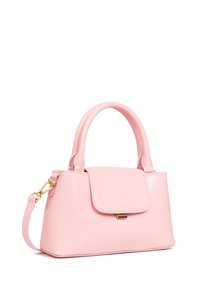 Piccola borsa a tracolla in pelle rosa con un design strutturato, texture liscia, manici superiori, una tracolla removibile e dettagli in hardware dorato.