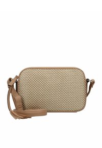 Sac en bandoulière tissé beige avec un motif texturé et une sangle en cuir lisse. Présente des bords arrondis et une sangle détachable.