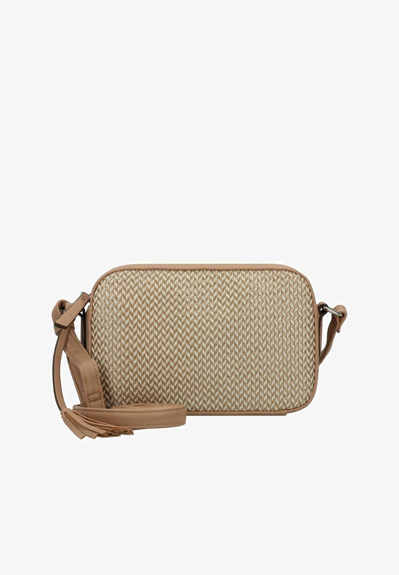 Sac en bandoulière tissé beige avec un motif texturé et une sangle en cuir lisse. Présente des bords arrondis et une sangle détachable.