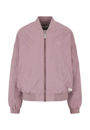 Light purple bomber jacket with front zipper, two side pockets, ribbed cuffs and hem, and small white embroidered logo on chest.
