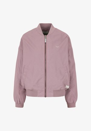 Light purple bomber jacket with front zipper, two side pockets, ribbed cuffs and hem, and small white embroidered logo on chest.
