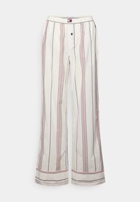 Λευκό παντελόνι με κάθετες ρίγες σε ναυτικό μπλε και κόκκινο, με ελαστική μέση και ελαφριά φαρδιά στο τελείωμα. Μαλακό βαμβακερό ύφασμα.
