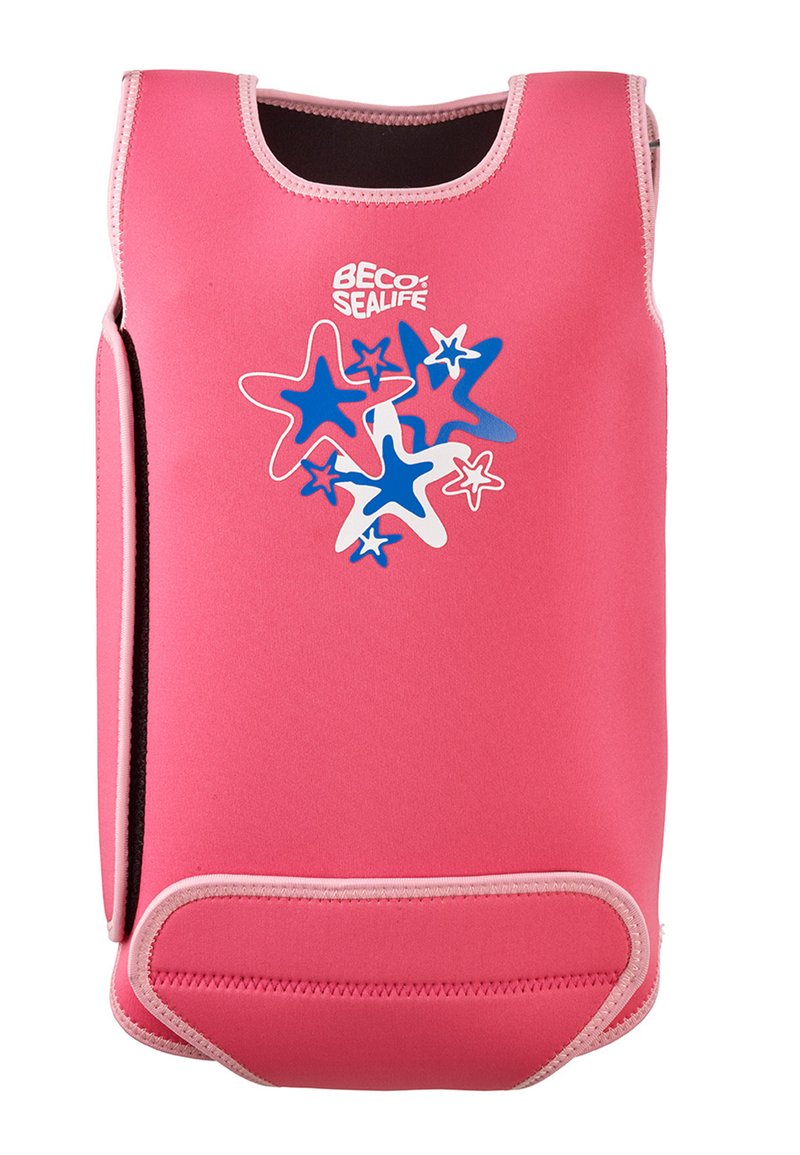 Gilet de natation en néoprène rose avec un motif d'étoiles de mer bleu et blanc. Texture lisse, sans manches, col rond, maintenu par des fermetures latérales.