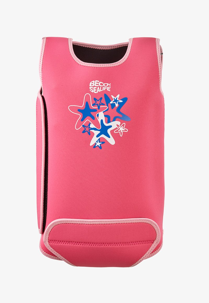 Gilet de natation en néoprène rose avec un motif d'étoiles de mer bleu et blanc. Texture lisse, sans manches, col rond, maintenu par des fermetures latérales.
