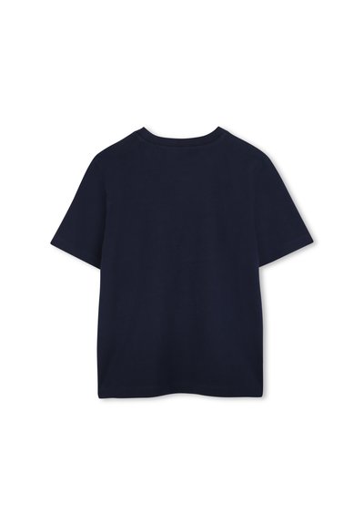 Maglietta di cotone blu navy con maniche corte, scollo rotondo e una superficie liscia. La vista posteriore non mostra grafiche o dettagli.