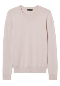 Jasnoróżowy sweter dzianinowy z okrągłym dekoltem, długimi rękawami, prążkowanym wykończeniem i gładką teksturą. Minimalistyczny design, brak wzorów i akcentów.