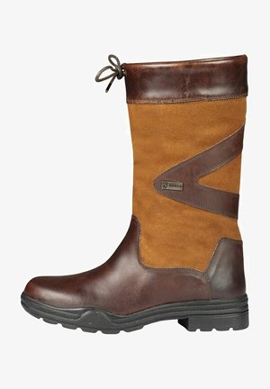 Bruine leren en tan suède enkellaarzen met een ronde neus, gestructureerde afwerking en een vetersluiting aan de bovenkant. Bevat een zwarte rubberen zool.