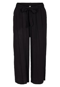 Pantalones de pierna ancha negros, fabricados con un tejido ligero, que presentan una cinturilla atada y un diseño con plisados para aportar textura y comodidad.