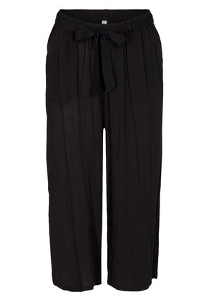 Pantaloni negri cu picioare largi, fabricați dintr-un material ușor, având un talie legată și un design pliat pentru o textură și confort suplimentar.