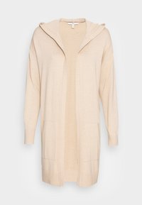 Beżowy długi kardigan z kapturem, otwartym przodem i dwoma przednimi kieszeniami. Miękka tkanina z detalami w postaci prążkowanych mankietów i wykończenia na dole.