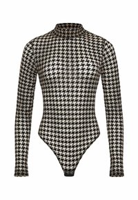 Bodysuit s dlouhým rukávem, s černobílým houndstooth vzorem, vyrobený z průsvitného materiálu, s vysokým výstřihem a těsně přiléhajícími liniemi.