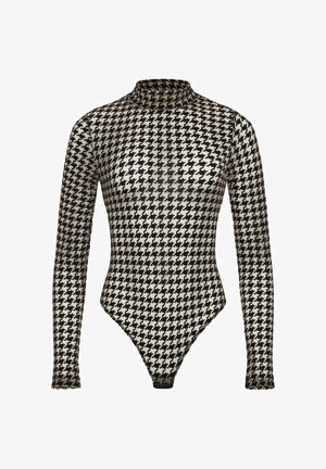 Body a maniche lunghe con un motivo a scacchi nero e beige, realizzato in un materiale trasparente con collo alto e design aderente.