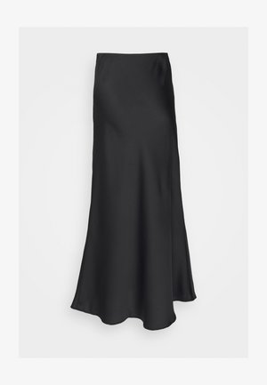 Melna satīna maksi svārki ar gludu tekstūru, maigi izliekta forma un viļņota apakšmala. Nav redzamu aizdaru vai rotājumu.