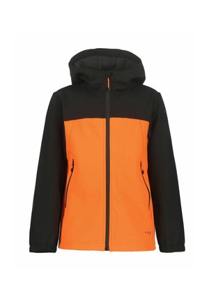 Schwarze und orange Kapuzenjacke mit Frontreißverschluss und seitlichen Reißverschlusstaschen, elastischen Bündchen und A.W.S-Logo nahe dem Saum.