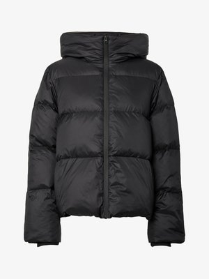 Black puffer jacket with a high collar, horizontal quilting, and a front zipper. Features wide sleeves and ribbed cuffs for warmth.
