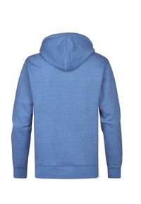 Felpa con cappuccio blu in tessuto strutturato, maniche lunghe, polsini e orlo a coste. Nessun logo o motivo visibile; design del retro semplice.