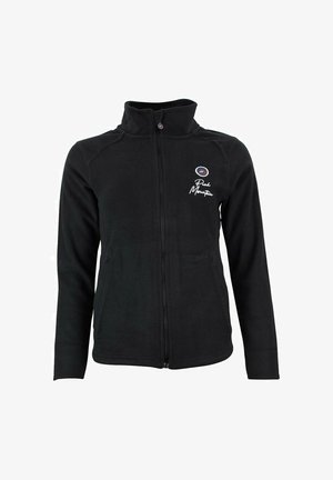 Chaqueta de forro polar negra con cuello alto, cierre frontal con cremallera y detalle de logo en el lado izquierdo. Cuenta con mangas largas y una textura lisa.