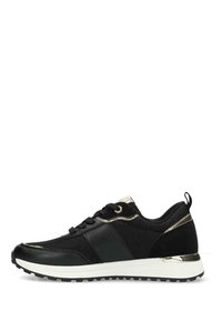Black athletic shoe with a mesh upper, synthetic leather accents, gold detailing, and a textured sole. Features a sturdy tongue and laces.