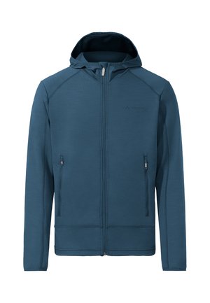 Felpa con cappuccio blu con chiusura a zip completa, due tasche laterali con zip, maniche lunghe e un logo del marchio discreto sul petto.