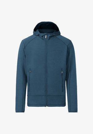 Felpa con cappuccio blu con chiusura a zip completa, due tasche laterali con zip, maniche lunghe e un logo del marchio discreto sul petto.