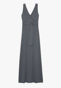 Harmaa nilkkapituinen kietaisumekko, jossa V-kaula-aukko ja solmittava vyötärö. Valmistettu sileästä, laskeutuvasta kankaasta, jossa pehmeä koostumus.