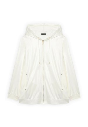 White long-sleeve zip-up hooded jacket with drawstrings and two front pockets with snap closures.