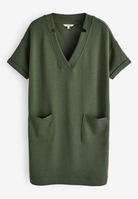 Robe verte à manches courtes avec un grand col en V, des manches repliées et deux poches plaquées à l'avant. Fabriquée en tissu doux avec une texture lisse.