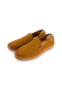 Brown suede slip-on shoes with a stitched toe detail and rubber sole. The design features elastic side panels for easy wear.