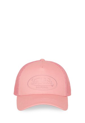 Pink Von Dutch trucker cap with mesh back and curved brim, featuring embossed logo and "California" text on front panel.