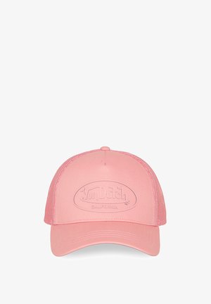 Pink Von Dutch trucker cap with mesh back and curved brim, featuring embossed logo and "California" text on front panel.