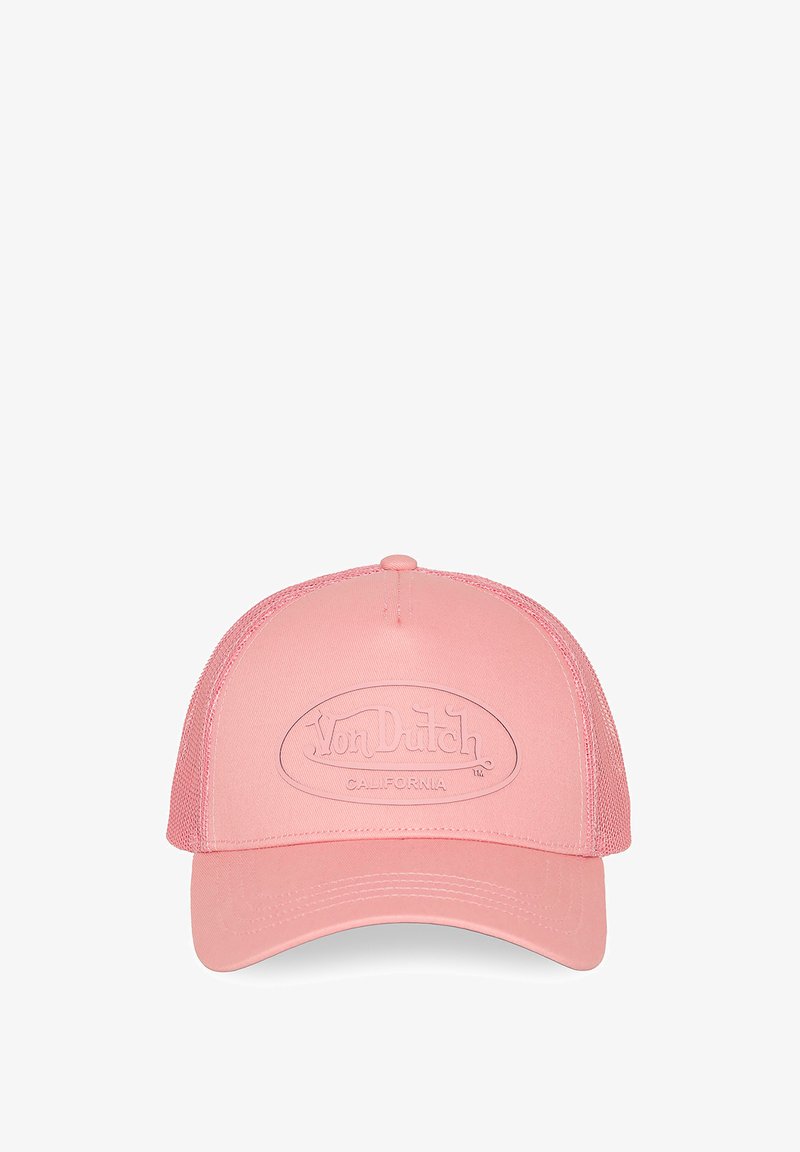 Casquette trucker rose Von Dutch avec dos en mesh et visière courbée, avec logo embossé et texte « California » sur le panneau avant.