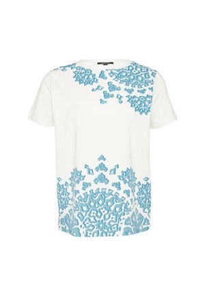 T-shirt bianco con un design a motivo blu sul davanti. Maniche corte e scollo rotondo. Texture del tessuto liscia.
