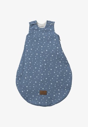 Blue cotton baby sleeping bag with white star pattern, round bottom, snaps at shoulders, and a textured finish. Brown brand label visible.