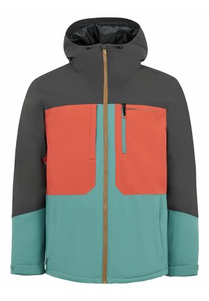 Kleurblok ski-jack in zwart, koraal en teal. Voorzien van een ritssluiting aan de voorkant, een verstelbare capuchon en zijzakken. Glad, duurzaam materiaal.