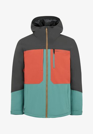 Kleurblok ski-jack in zwart, koraal en teal. Voorzien van een ritssluiting aan de voorkant, een verstelbare capuchon en zijzakken. Glad, duurzaam materiaal.