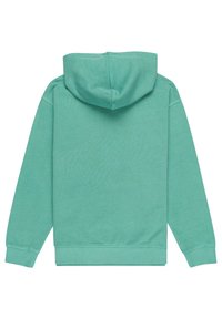 Sudadera color verde menta, material de algodón, con un corte relajado, una capucha grande, puños y bajo acanalados, con una textura suave y un diseño minimalista.
