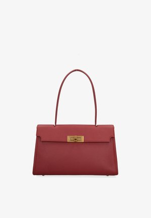 Rode gestructureerde leren handtas met gestructureerde vorm, bovenklep, gouden draaisluiting en een enkele afgeronde schouderriem.