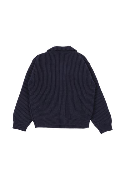 Maglione spesso di colore blu navy con maniche lunghe e colletto ripiegato, visto dal retro su uno sfondo bianco.
