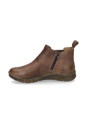 Braune Leder-Ankle-Boots mit seitlichem Reißverschluss, abgerundeter Zehenpartie, niedrigem Gummisohle und genähten Akzenten, ausgestattet mit einer Zuglasche an der Ferse.
