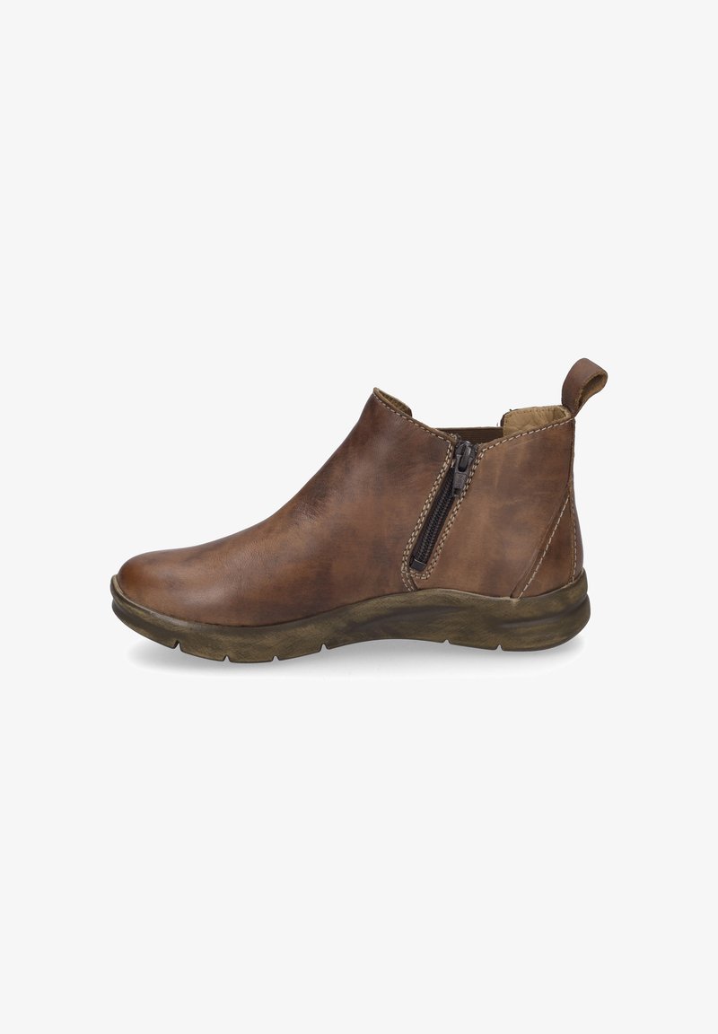 Braune Leder-Ankle-Boots mit seitlichem Reißverschluss, abgerundeter Zehenpartie, niedrigem Gummisohle und genähten Akzenten, ausgestattet mit einer Zuglasche an der Ferse.