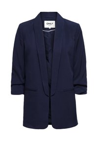 Blazer bleu marine en tissu lisse, doté d'un col châle, d'une ouverture frontale et de deux poches avant. Manches trois quarts.