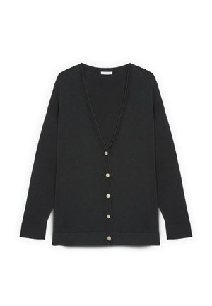 Zwarte cardigan met een diepe V-hals, losse pasvorm en lange mouwen. Voorzien van een rij van zes ronde, zilverkleurige knopen aan de voorkant.