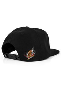 Čierna šiltovka snapback s textúrovanou tkaninou, s farebnou vyšívanou mačkou a dizajnom plameňov na zadnej strane. Rovný šilt, nastaviteľné zapínanie.
